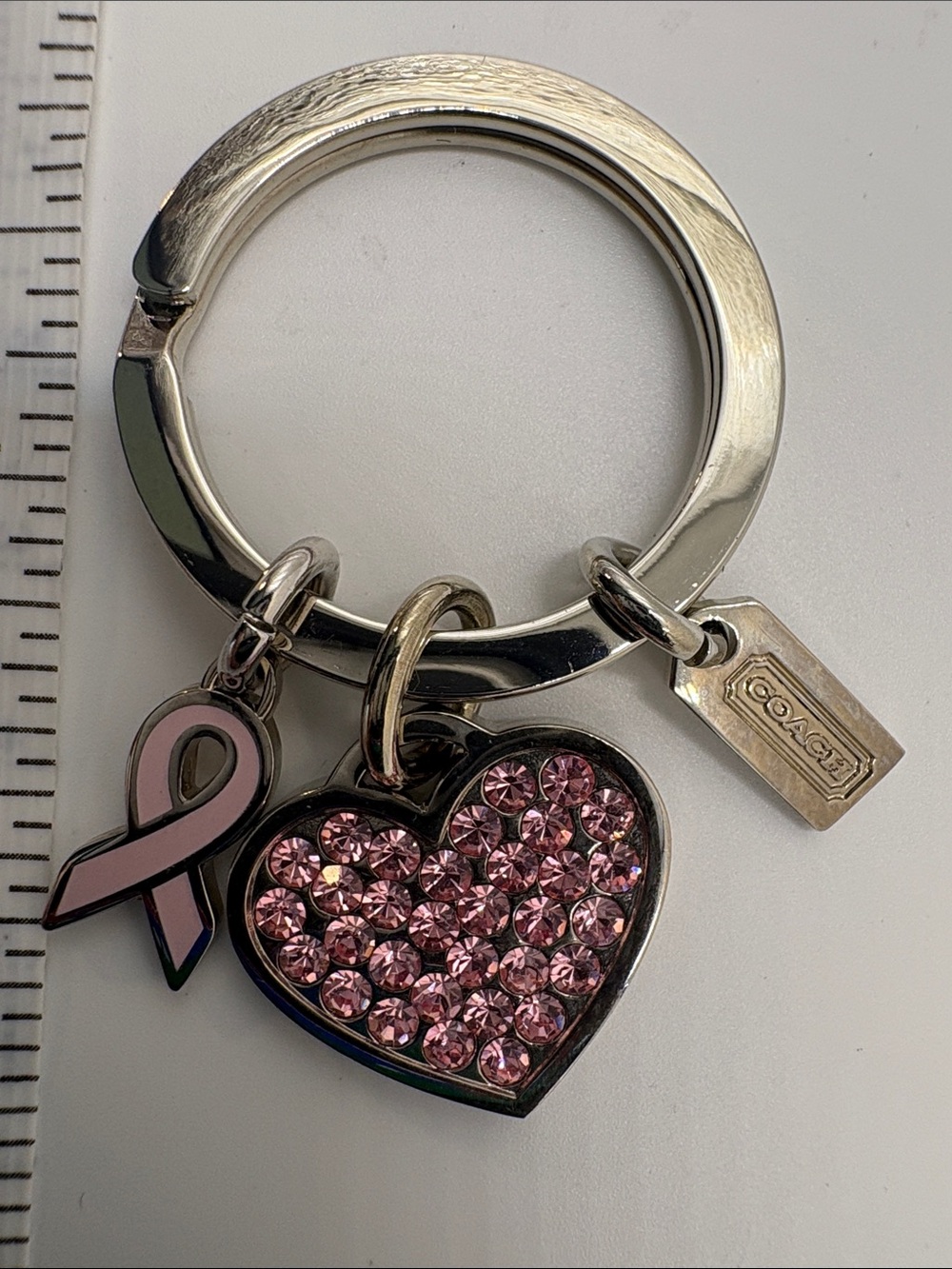 Coach Pink Crystal Heart & Ribbon Keychain Charm with Silver Hardware